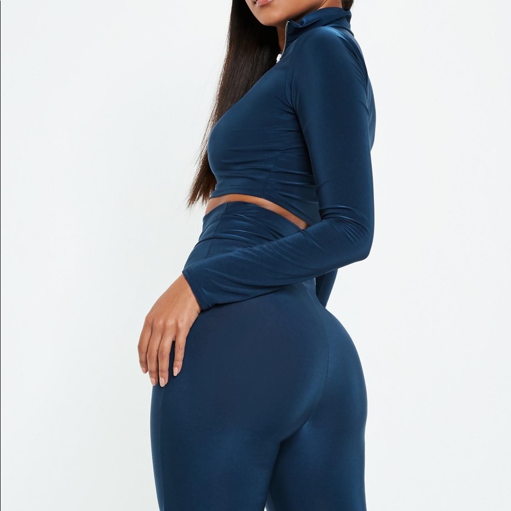 MISSGUIDED Disco Navy SET | size US2 | Biker Shorts | Long Sleeve Crop Top | NWT